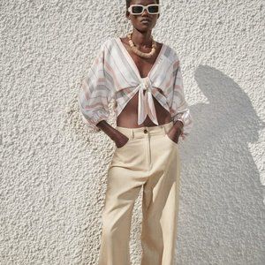 Zara Striped Linen Blend Tie Crop Top